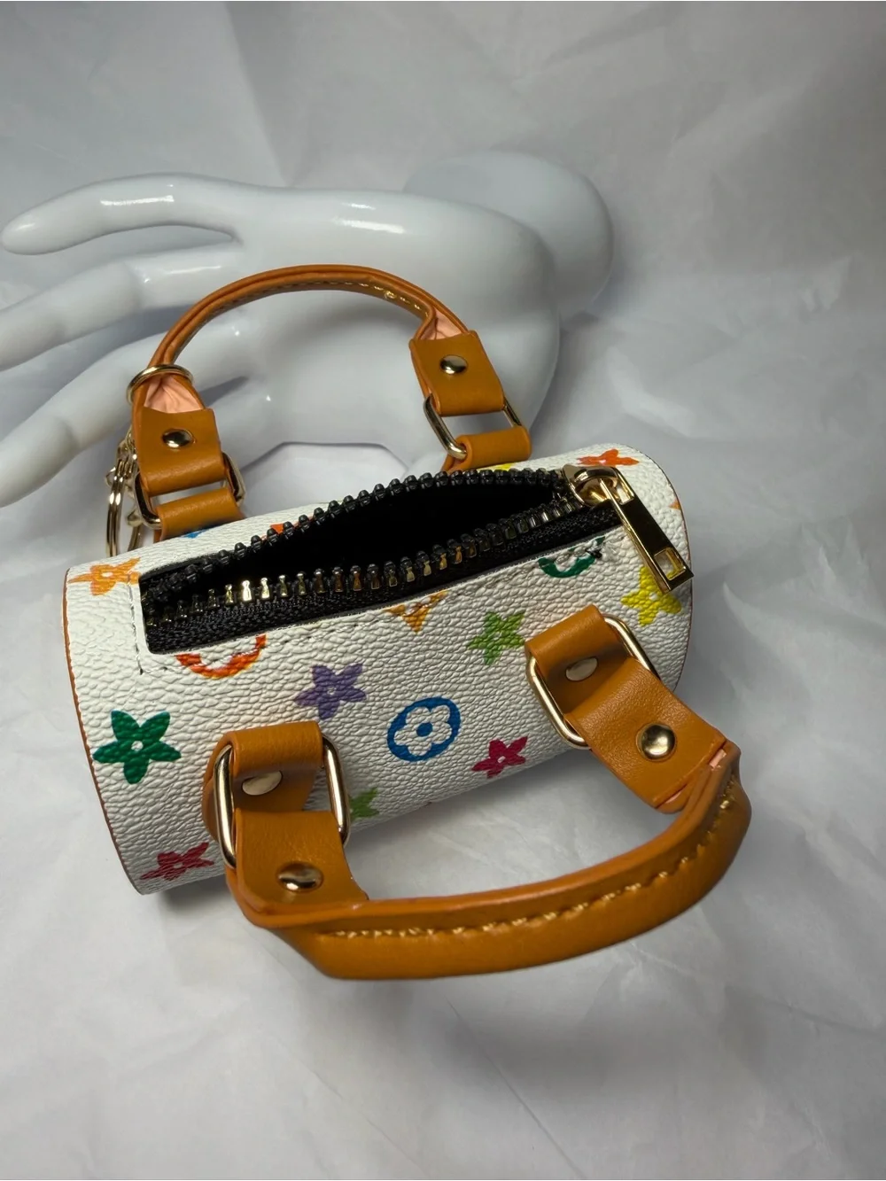 Multicolor Mini Bag Keychain & Bag Charm White with Tan Handles
